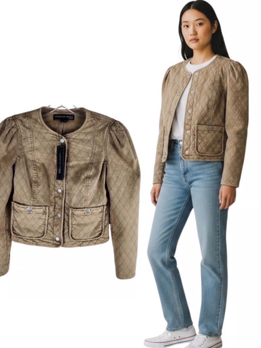 Veronica Beard Quilted Tan Bomber Jacket